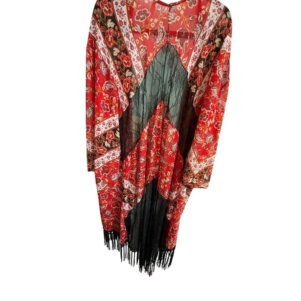 Xhilaration Red Paisley Fringe Kimono XXL Witchy Whimsigoth Festival Boho - Picture 7 of 8